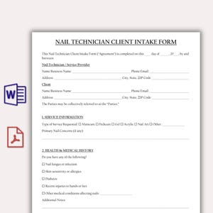 Puede incluir: Un formulario de admisión de clientes para técnicos de uñas, con secciones para información de servicios e historial de salud. El formulario incluye campos para los detalles del cliente y del técnico, y casillas de verificación para tipos de servicios.