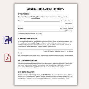 May include: A printed document titled "GENERAL RELEASE OF LIABILITY" with sections for parties, release and waiver, assumption of risk, and indemnification. Includes a Microsoft Word and PDF icon.