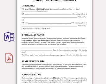 Plantilla de exención de responsabilidad general, Acuerdo de exención de responsabilidad editable en PDF, Formulario de indemnización por responsabilidad imprimible, Contrato de exención de responsabilidad multipropósito