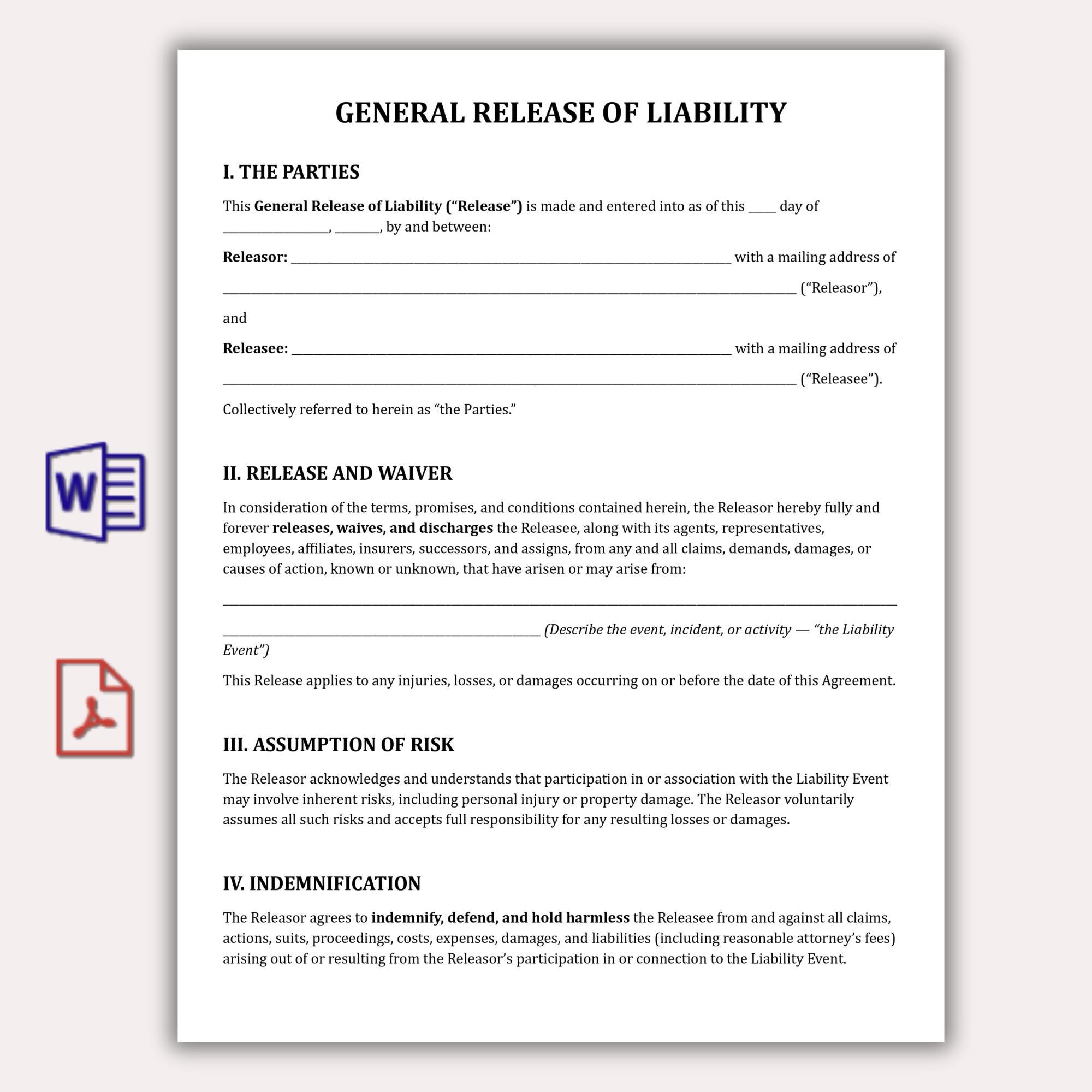 General Release of Liability Template, Editable Waiver Agreement PDF ...