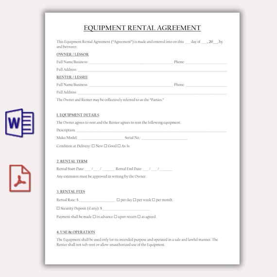 Customizable Equipment Rental Agreement Template, Printable Event Equipment Contract, Professional Lease Equipment Contract Form, Word & PDF