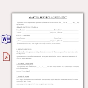 May include: A printed Master Service Agreement document on white paper. The document includes sections for the service provider and client information, services provided, term of agreement, and scope of work. The document also includes the text "MASTER SERVICE AGREEMENT".