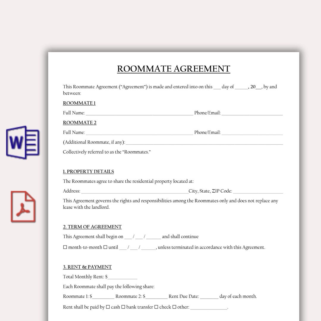 Split Rent Agreement Roommate Agreement Template, Room Rental Contract, Rent Splitting ...