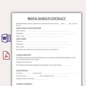 Afdrukbare contractsjabloon bruidsmake-up, overeenkomst bruiloft make-upartiest, MUA-servicecontract, boekingscontract bruiloft make-up