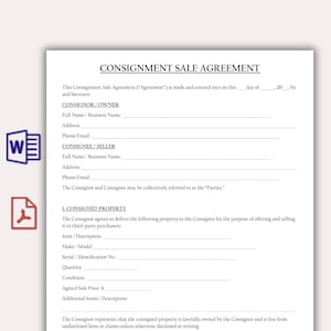 Mall för konsignationsavtal, professionellt konsignationsavtal, utskrivbart avsändar-/mottagareravtal, direktnedladdning, PDF och Word