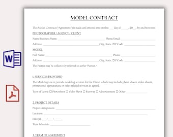 Plantilla de contrato de modelo, Acuerdo de servicios profesionales de modelaje, Formulario de autorización de modelo independiente imprimible, Contrato de agencia de modelos personalizable