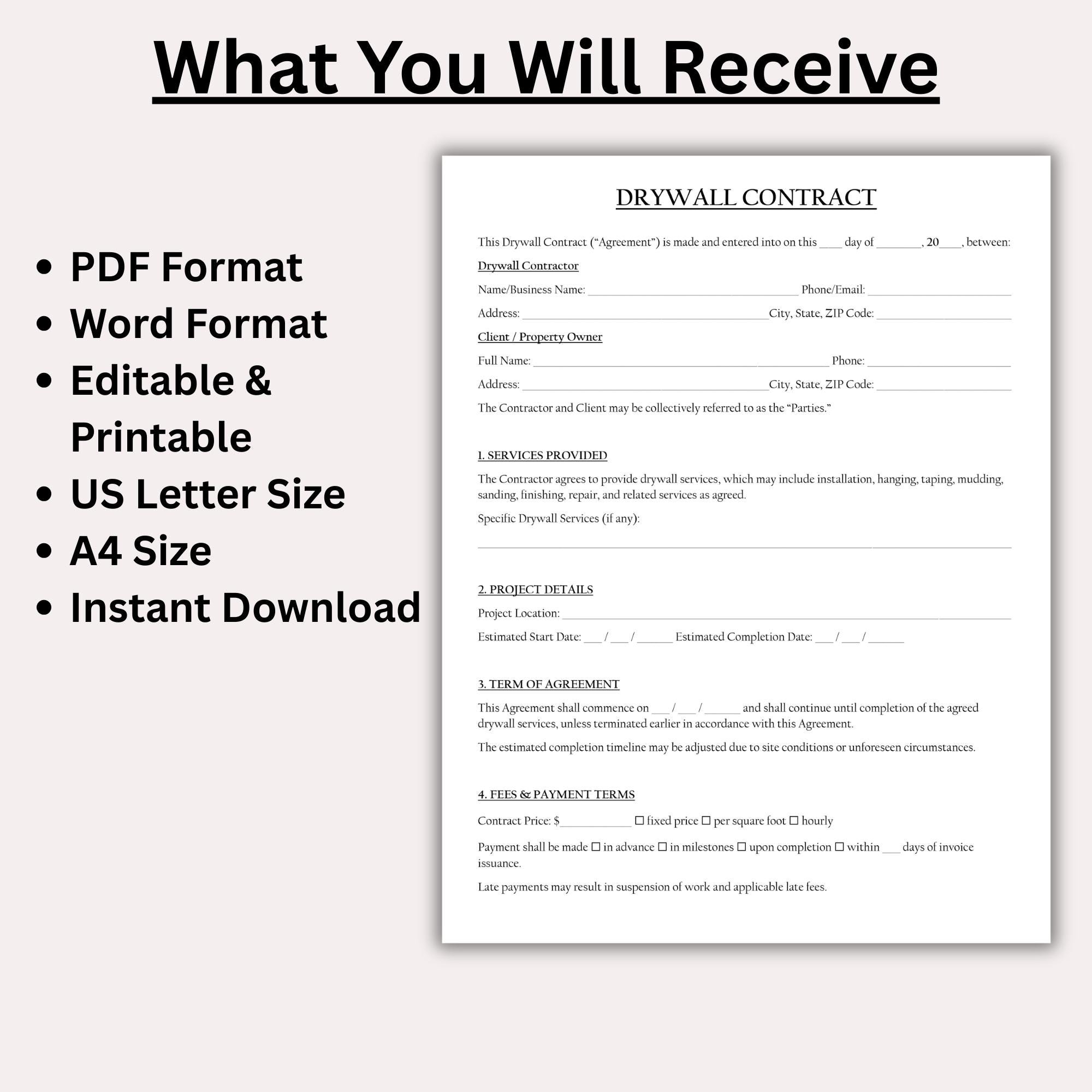 Drywall Contract Template, Editable Drywall Services Agreement, Drywall ...