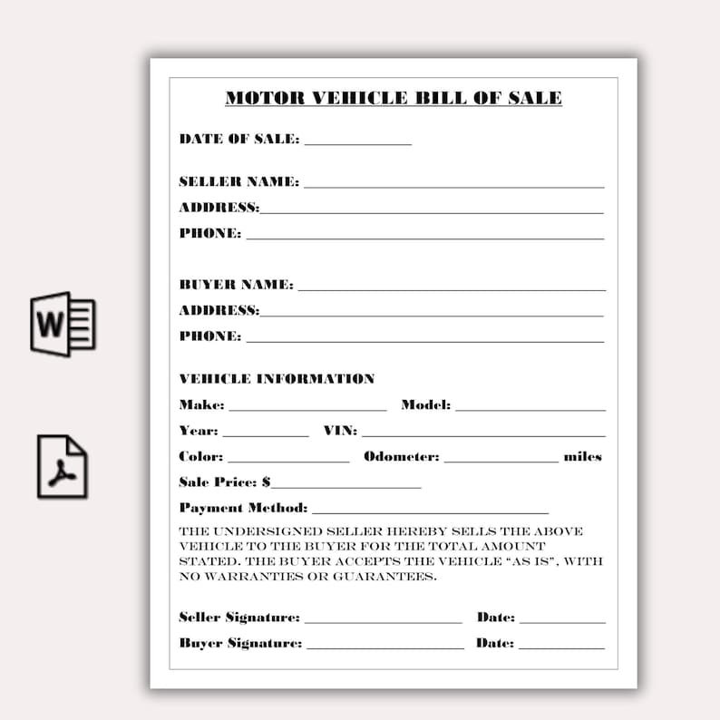 Editable Motor Vehicle Bill of Sale Template Printable Car Sale Form Editable Motor Vehicle Bill of Sale Template Printable Car Sale Form