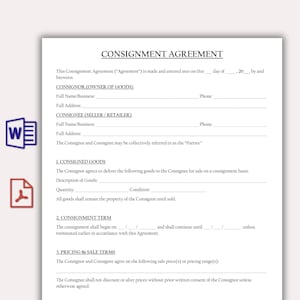 Könnte beinhalten: Ein weißes Konsignationsvereinbarungsdokument mit schwarzem Text. Das Dokument enthält Abschnitte für Angaben zum Konsignator und Konsignee, Beschreibung der Konsignationsware, Konsignationslaufzeit und Preisbedingungen. Das Dokument hat ein Word-Symbol und ein PDF-Symbol.