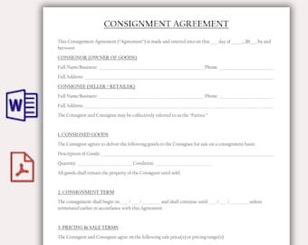 Customizable Consignment Agreement Template, Printable Consignment Contract Form, Consignment Form, Reseller, Retail Agreement, Word & PDF