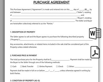 Printable Purchase Agreement Template, Professional Purchase and Sale Contract, Customizable Purchase Agreement Form, Contract of Sales