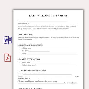 Puede incluir: Un documento blanco titulado "LAST WILL AND TESTAMENT" con secciones para rellenar con información personal y familiar. Incluye secciones para declaración, nombramiento de albacea y distribución de la herencia. Con iconos de Word y PDF.