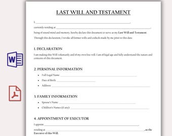 Plantilla de testamento, documento de testamento legal editable en PDF, formulario de planificación patrimonial imprimible, nombramiento de albacea, descarga instantánea