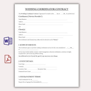 May include: A printed wedding coordinator contract on white paper. The document includes sections for the coordinator, client, scope of services, event details, and fees. The text "WEDDING COORDINATOR CONTRACT" is at the top. Icons for Word and PDF documents are in the corner.