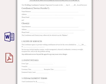 Wedding Coordinator Contract Template, Editable Event Coordinator Contract Template, Wedding Day Event Coordinator Contract, Services Form