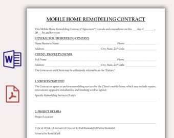 Plantilla editable de contrato de remodelación de casas móviles, acuerdo de renovación de casas prefabricadas, formulario imprimible de remodelación interior y exterior.