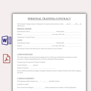 May include: A white personal training contract with black text. The document includes sections for personal trainer and client details, services provided, and terms of agreement. The document is designed for fitness professionals and their clients.