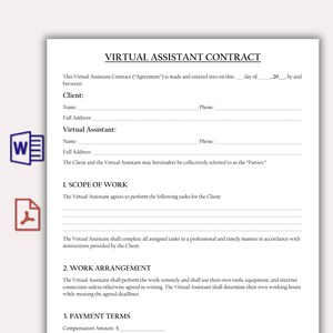 Contractsjabloon virtuele assistent, serviceovereenkomst virtuele assistent, overeenkomst freelance virtuele assistent, bewerkbare persoonlijke assistent