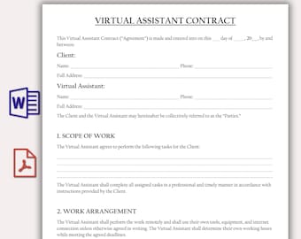 Virtual Assistant Contract Template, Virtual Assistant Service Agreement, Freelance Virtual Assistant Agreement, Editable Personal Assistant