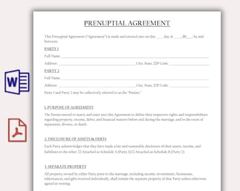 Customizable  Prenuptial Agreement, Printable Antenuptial Contract Form Template, Prenup Form, Financial Disclosure, Premarital form