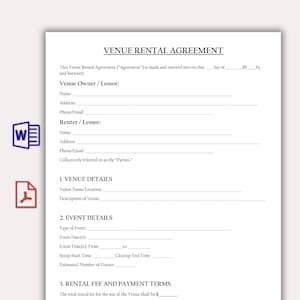 Puede incluir: Un documento de contrato de alquiler de local con el título "VENUE RENTAL AGREEMENT". El documento incluye secciones para el propietario/arrendador del local, el arrendatario, los detalles del local, los detalles del evento y los términos de la tarifa de alquiler y el pago. Los iconos de documentos de Word y PDF están en la esquina izquierda.