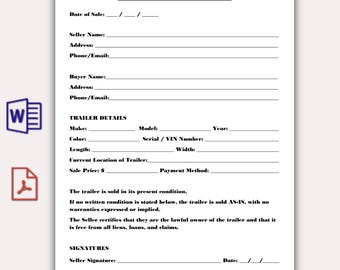 Minimalist Trailer Bill of Sale Template, Printable Trailer Sale Contract PDF, Editable Trailer Agreement, One Page Vehicle Bill of Sale