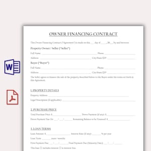 May include: A white Owner Financing Contract document with text fields for property details, purchase price, and loan terms. Includes icons for Word and PDF documents. The document is designed for real estate transactions.