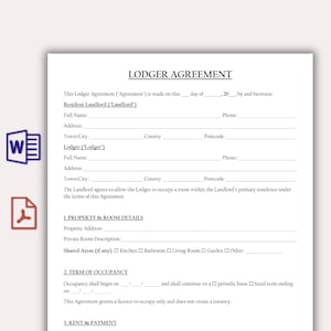 Puede incluir: Un documento blanco titulado LODGER AGREEMENT con líneas en blanco para nombres, direcciones y números de teléfono de un propietario residente y un inquilino. Incluye secciones para detalles de la propiedad, plazo de ocupación y pago.