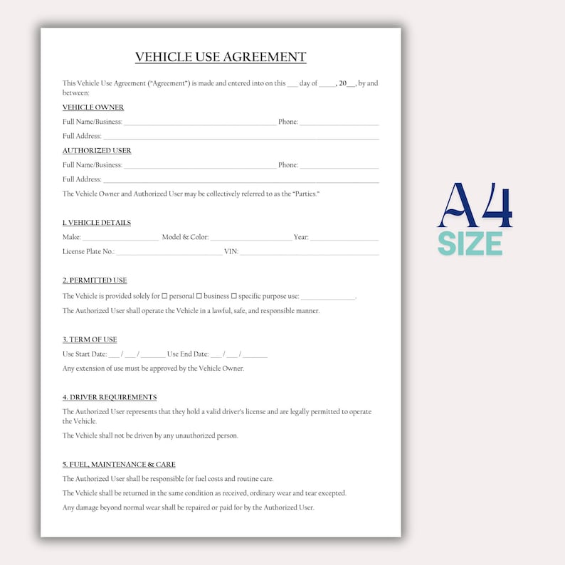 Vehicle Use Agreement Template, Editable Company Vehicle Agreement ...