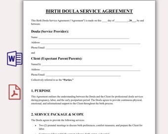 Plantilla de acuerdo de doula de parto, contrato de apoyo al parto editable, formulario imprimible para cliente de maternidad, doula posparto en PDF
