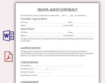 Plantilla de contrato de agente de viajes, contrato de servicios de viaje editable, contrato de contratista independiente, contrato de planificación y reserva de viajes imprimible