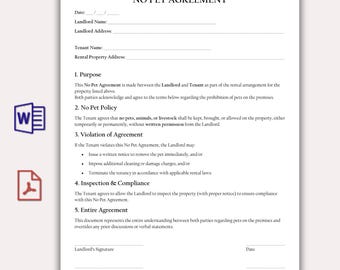 Kein Haustier Vereinbarung Vorlage für Mietobjekt, Tenant No Pets Nachtrag PDF, druckbare Mietklausel, sofortiger Download