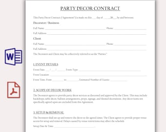 Party Decoration Contract Template, Editable Event Decoration Agreement, Event Planning Service Form Contract, Instant Download PDF & Word