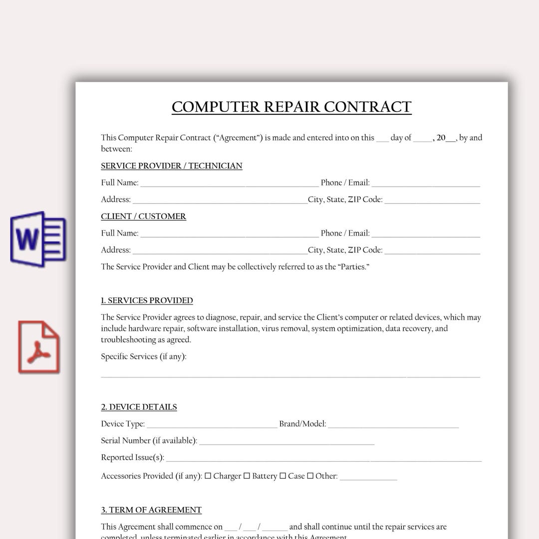 Computer Repair Contract Template, Computer Repair Maintenance Contract ...