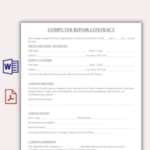 Pode incluir: Um modelo de contrato de reparação de computadores com campos para informações do prestador de serviços e do cliente. O documento inclui secções para os serviços prestados, detalhes do dispositivo e termos do acordo.