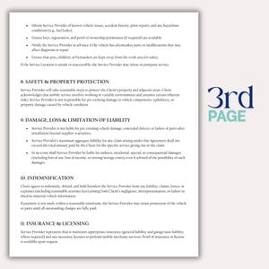 May include: A white document page with black text detailing service provider responsibilities, including safety, property protection, and liability limitations. The text is organized in numbered sections. The words "3rd PAGE" are in the upper right corner.