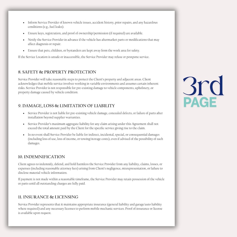 May include: A white document page with black text detailing service provider responsibilities, including safety, property protection, and liability limitations. The text is organized in numbered sections. The words "3rd PAGE" are in the upper right corner.