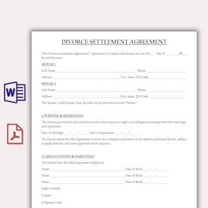 May include: A printed Divorce Settlement Agreement document featuring sections for Spouse 1 and Spouse 2 contact information, purpose and separation details, and child custody and parenting arrangements with blank lines for filling in specific legal data.
