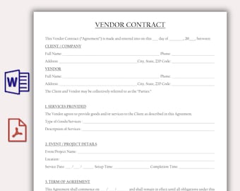 Editable Vendor Contract Template, Catering Contract, Professional Event Vendor Agreement, Printable Vendor Service Provider Agreement PDF