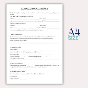 May include: A4 size landscaping contract template with the title "LANDSCAPING CONTRACT" at the top. The document includes sections for contractor and client information, services provided, project details, and payment terms. The text is in black on a white background.