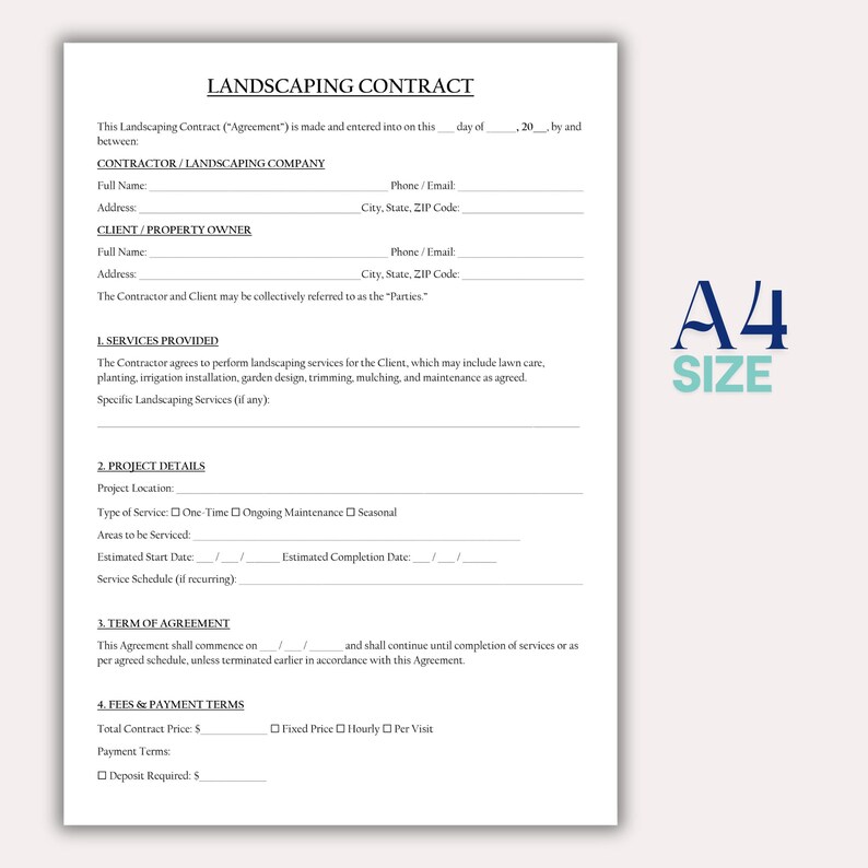 May include: A4 size landscaping contract template with the title "LANDSCAPING CONTRACT" at the top. The document includes sections for contractor and client information, services provided, project details, and payment terms. The text is in black on a white background.