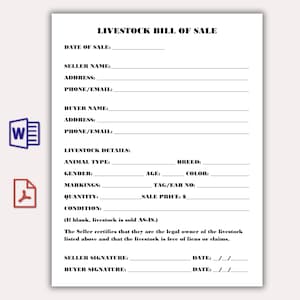May include: A white "Livestock Bill of Sale" form with black text. The form includes fields for seller and buyer information, livestock details, and signatures. Icons for Word and PDF documents are in the left corner.