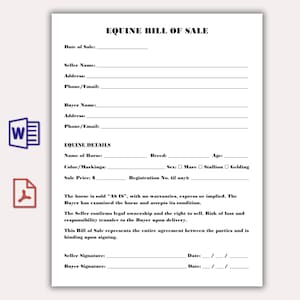Puede incluir: Un documento blanco de compraventa de equinos con campos rellenables para la información del vendedor y del comprador, los detalles del caballo y los términos de la venta. Incluye iconos para archivos de Word y PDF.