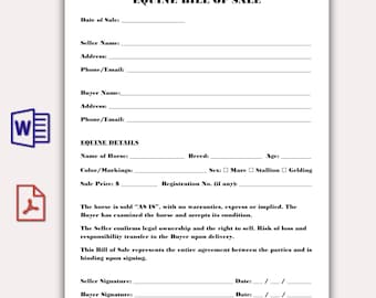 Plantilla minimalista de contrato de compraventa de caballos, contrato equino editable, formulario legal imprimible para caballos, contrato de compraventa de caballos (Word y PDF)