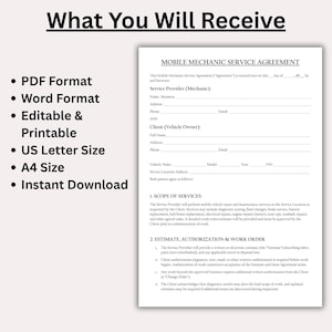 May include: A printable mobile mechanic service agreement document. The document is available in PDF and Word formats, editable, and in US Letter and A4 sizes. The document includes sections for the service provider, client, and scope of services.