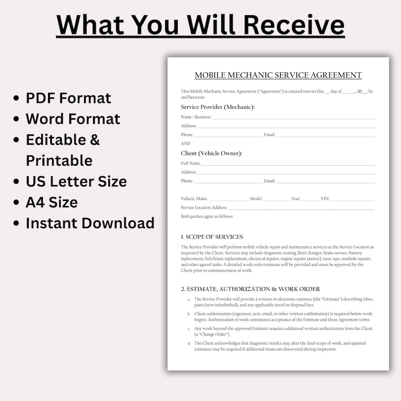 May include: A printable mobile mechanic service agreement document. The document is available in PDF and Word formats, editable, and in US Letter and A4 sizes. The document includes sections for the service provider, client, and scope of services.