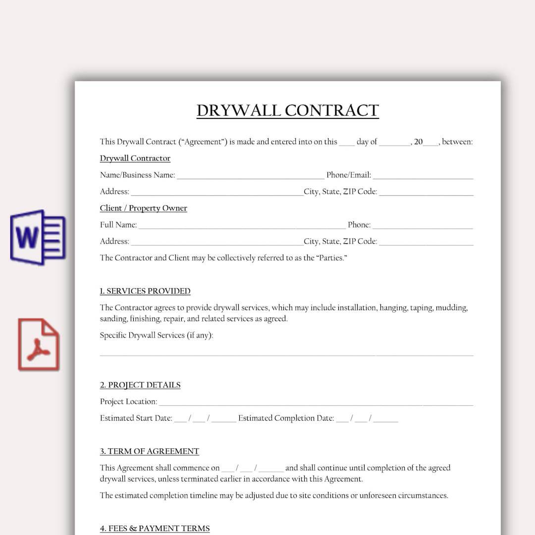 Drywall Contract Template, Editable Drywall Services Agreement, Drywall ...