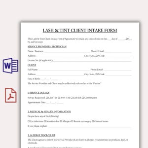 Könnte beinhalten: Ein weißes Lash & Tint Client Intake Formular mit schwarzem Text. Das Formular enthält Abschnitte für Servicedetails, medizinische Informationen und Allergieaufklärung. Das Formular ist für Wimpern- und Tönungsdienstleistungen bestimmt.