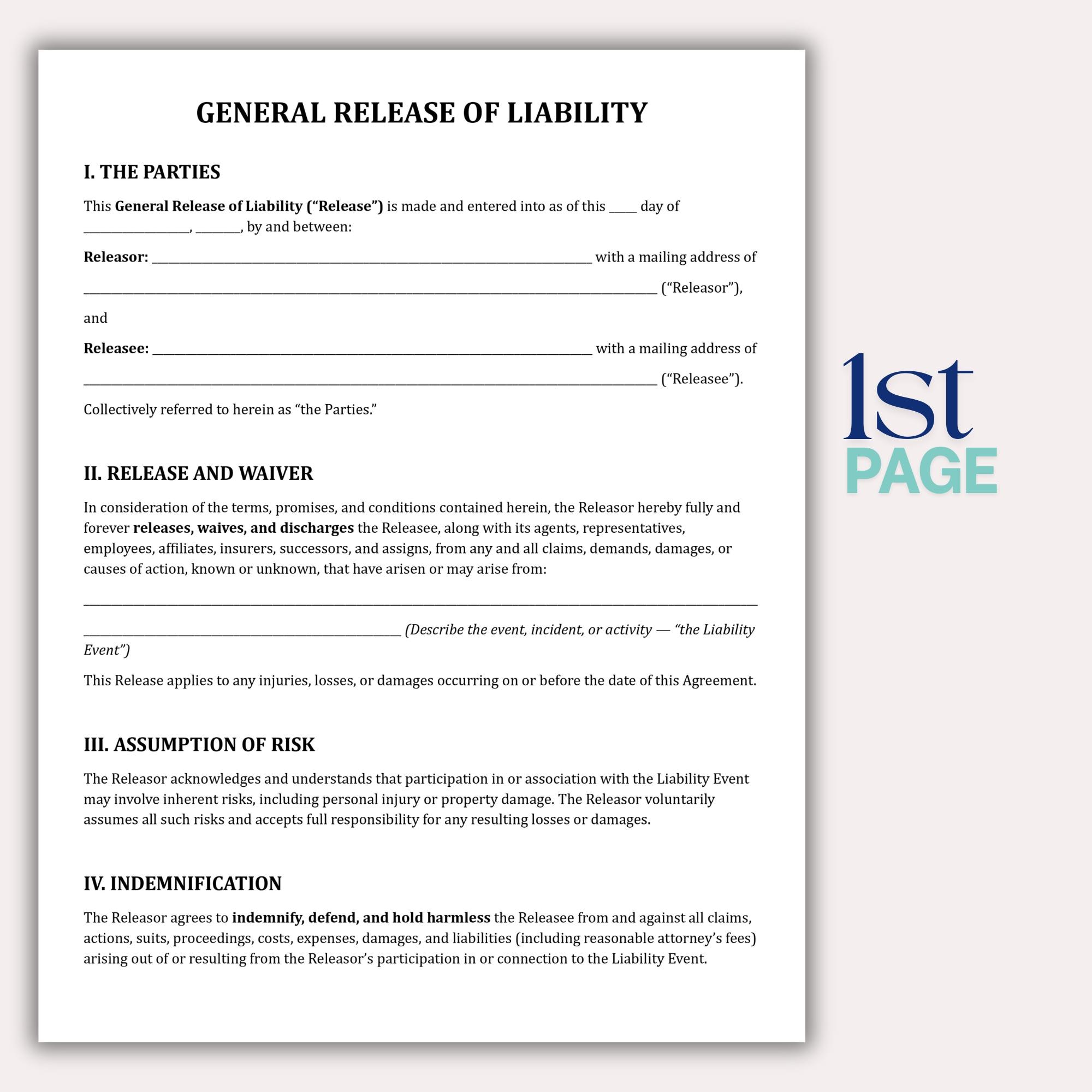 General Release of Liability Template, Editable Waiver Agreement PDF ...