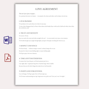 May include: A printed document titled "LOVE AGREEMENT" with text outlining promises of love, trust, respect, and togetherness. Includes a Word document icon and a PDF icon. The document is on a white background.